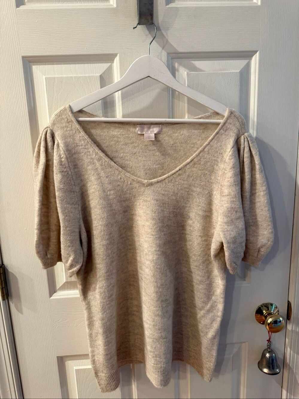 Rachel Parcell Tan & Gray Marled Knit Short Puff Sleeve Sweater sz XXL EUC